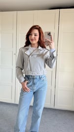 Marka Deri Crop Biker Gri Ceket
