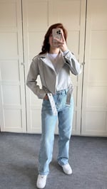 Marka Deri Crop Biker Gri Ceket