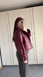 Massi Crop Biker Ceket Bordo