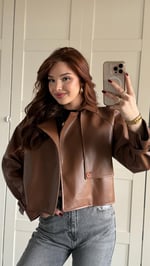 Massi Crop Biker Ceket Kahverengi 
