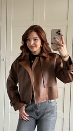 Massi Crop Biker Ceket Kahverengi 