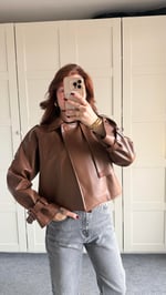 Massi Crop Biker Ceket Kahverengi 