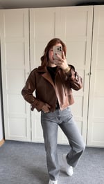 Massi Crop Biker Ceket Kahverengi 