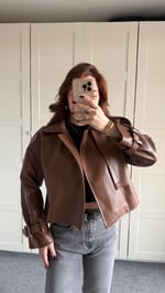 Massi Crop Biker Ceket Kahverengi 