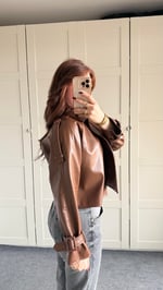 Massi Crop Biker Ceket Kahverengi 