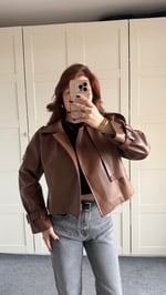 Massi Crop Biker Ceket Kahverengi 