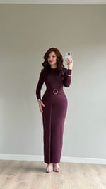 Maxi Gold Tokalı Polyamid Elbise Mürdüm