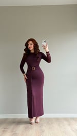 Maxi Gold Tokalı Polyamid Elbise Mürdüm