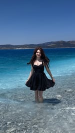 Meri Siyah Omuz Bağlamalı Mini Elbise