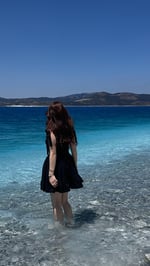 Meri Siyah Omuz Bağlamalı Mini Elbise