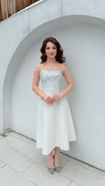 Merida Straplez Taşlı Midi Abiye Beyaz