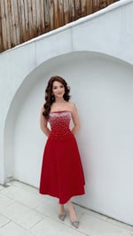Merida Straplez Taşlı Midi Abiye Kırmızı