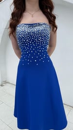 Merida Straplez Taşlı Midi Abiye Saks