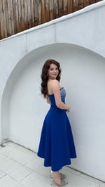 Merida Straplez Taşlı Midi Abiye Saks