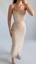 Mermaid Midi Straplez Abiye Bej