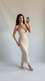 Mermaid Midi Straplez Abiye Bej