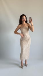 Mermaid Midi Straplez Abiye Bej