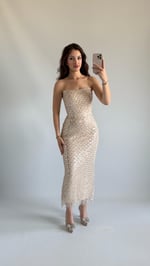 Mermaid Midi Straplez Abiye Bej