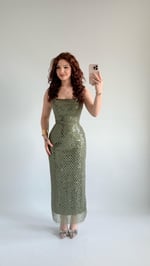 Mermaid Midi Straplez Abiye Haki Yeşil