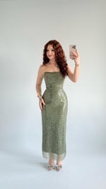 Mermaid Midi Straplez Abiye Haki Yeşil