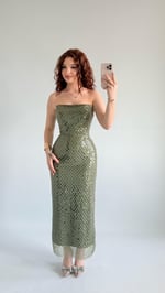 Mermaid Midi Straplez Abiye Haki Yeşil