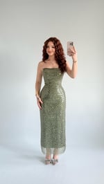 Mermaid Midi Straplez Abiye Haki Yeşil
