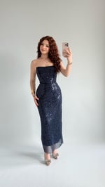 Mermaid Midi Straplez Abiye Lacivert 