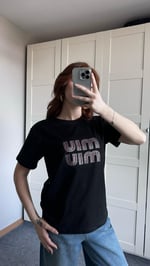 Miu Miu Pembe Taşlı Siyah Tişört