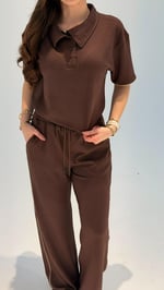 Modal Kumaş Polo Yaka Takım Kahverengi