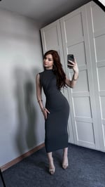 Omuz Ve Bel Büzgülü Gri elbise
