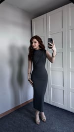 Omuz Ve Bel Büzgülü Gri elbise