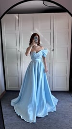 Ophelia Saten Düşük Kol Bebe Mavisi Abiye