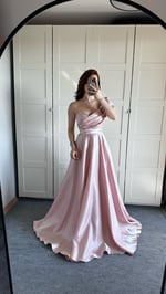 Ophelia Saten Düşük Kol Pudra Pembe Abiye