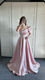 Ophelia Saten Düşük Kol Pudra Pembe Abiye