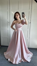 Ophelia Saten Düşük Kol Pudra Pembe Abiye