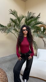 Parmak Detaylı Yarım Balıkçı Yaka Bluz Bordo