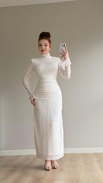 Peach Dantel Basıc Elbise Beyaz
