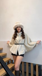 Peluş Kemerli Panço Krem