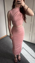 Pembe Yandan Drapeli Etek Takım
