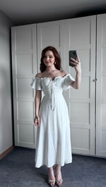 Poplin Fırfırlı Beyaz Elbise