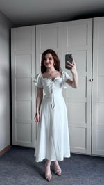 Poplin Fırfırlı Beyaz Elbise