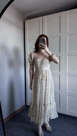 Prenses Kol Bej Çiçekli Uzun Elbise