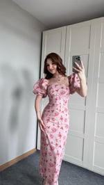 Prenses Kol Pembe Çiçekli Kalem Elbise