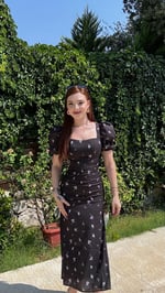 Prenses Kol Siyah Çiçekli Kalem Elbise
