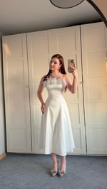 Rose Otrişli Midi Abiye Beyaz