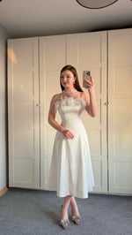 Rose Otrişli Midi Abiye Beyaz