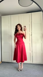 Rose Otrişli Midi Abiye Kırmızı