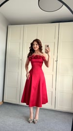 Rose Otrişli Midi Abiye Kırmızı