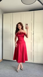 Rose Otrişli Midi Abiye Kırmızı