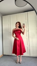 Rose Otrişli Midi Abiye Kırmızı